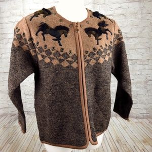 Wool Cardigan Sweater Sz L Horse Appliques